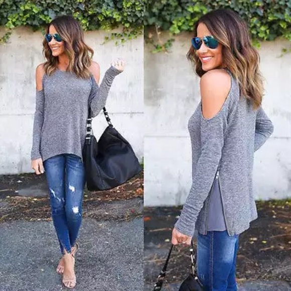 LAST ONE Large Gray Cold Shoulder Casual Top - Picture 2 of 7